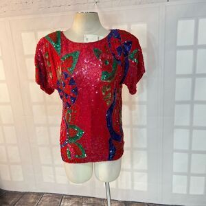 Vintage 80’s Gunit Fashion New York NWT Red Sequin Colorful Silk Blouse Medium